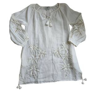 Benaras by Citrus Dress Womens Large Linen Blend Embroidered Palm Tree Tassels R